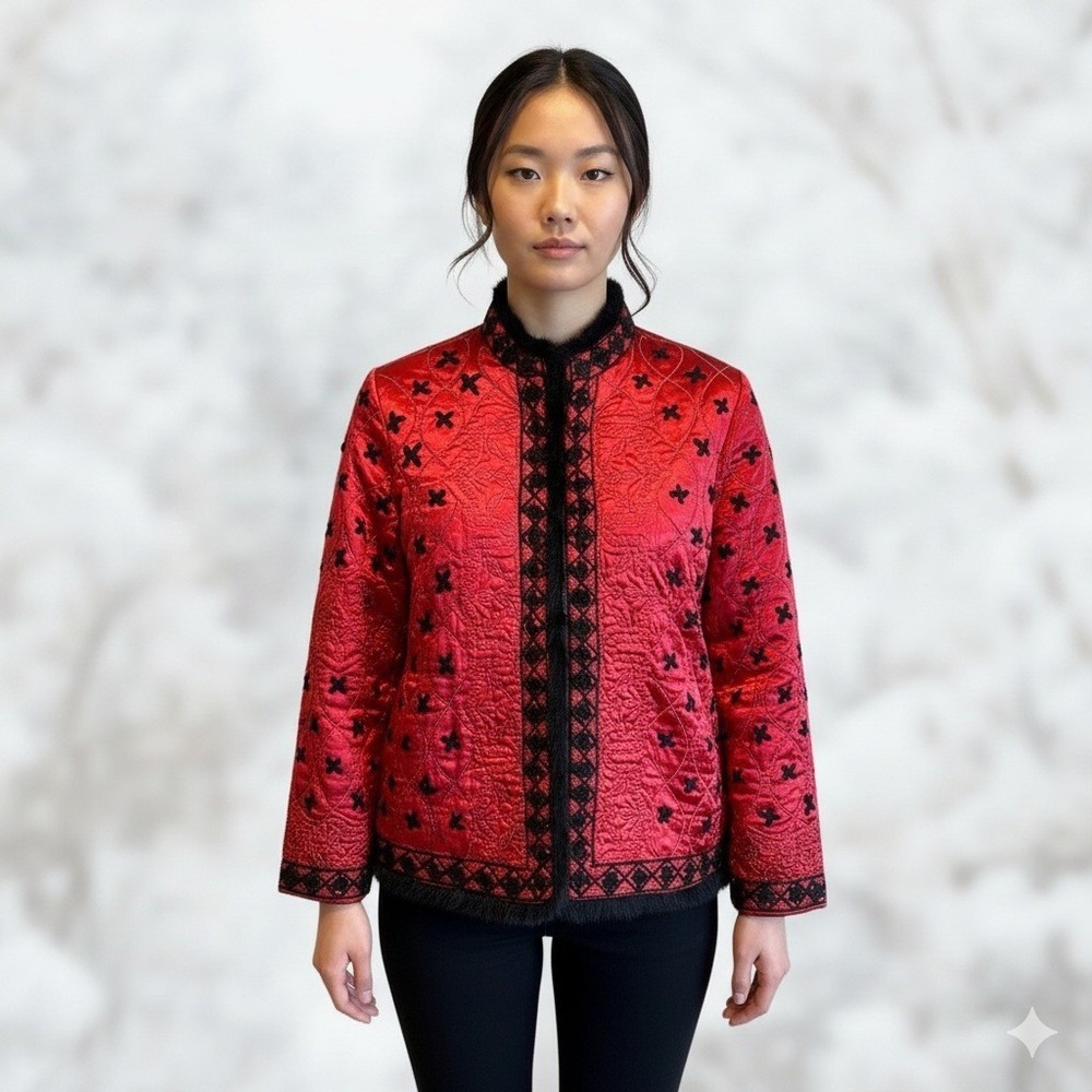 Vtg Red Satin Quilted Jacket Blk Trim L Maximalist Retro Glam Holiday‎ Statement